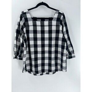 Women's Time & True Black White Gingham Square Neck Cotton Linen Top Size L